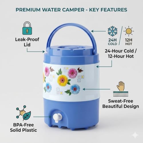 Image of 20 Litre Insulated Water Camper with Leak-Proof Spigot - Premium Food-Grade Plastic Cool Jug with Comfort-Grip Handle - Longer Temperature Retention for Home, Office, Travel, and Outdoor Events
