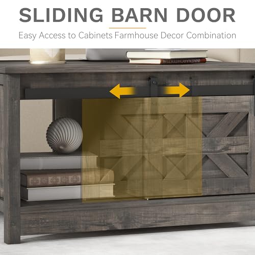 DWVO Farmhouse Coffee Table with Storage: Wooden Square Center Table with Sliding Barn Door, Small Living Room Table Dark Oak