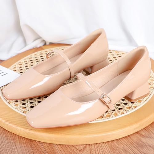 Zeberfi Women's Patent Leather Low Chunky Heel Mary Jane Pump Shoes Closed Square Toe Shallow Mouth Dress Shoes with Adjustable Strap Buckle Business Wedding4