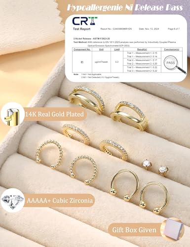 CASSIECA Small Ear Cuffs Earrings for Women - Hypoallergenic 14K Gold Earrings Stack Sets for Sensitive Ears Dainty Stud Hoop Earring Clip on Cartilage Tragus Helix Earings Set Trendy Jewelry 5 Pairs 6