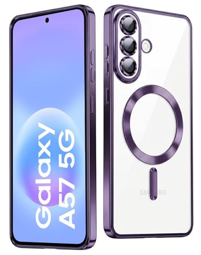Image of VONZEE Clear Logo Electroplating Transparent Back Case for Samsung Galaxy A57 5G, Magnetic Plating Electroplate TPU Cover, Individual Camera Protection for Each Lens- Grey