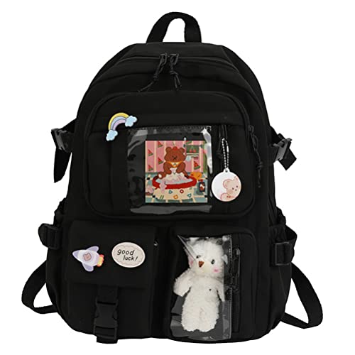 Gefemini Mochila feminina Kawaii com urso pequeno de pel�cia, v�rios bolsos, mochila escolar de grande capacidade para meninas adolescentes