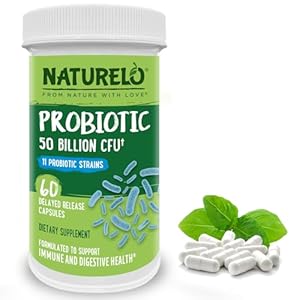 NATURELO Probiotics for Digestive Health – 50 Billion CFU, 11 Strains Daily Supplement – Boosts Immune System, Delayed Release, 60 Vegetarian Capsules