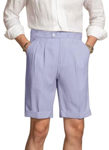 Mens Summer Seersucker Shorts Striped Slim Fit Flat Front Walk Short Pants Sear Sucker Suit Flat Front Shorts Blue S