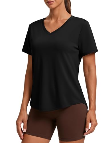 PINSPARK Workout Tops for Women Short Sleeve V Neck Moisture Wicking Gym Shirts Quick Dry Athletic T-Shirts for Running Hiking,Black Medium