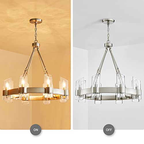 Image of WUZUPS Wagon Wheel Chandelier 8-Light with Clear Glass Industrial Modern Farmhouse Round Light Fixture for Dining Room Kithen Island Foyer, Width 26 inch Height 22 inch, Nickel