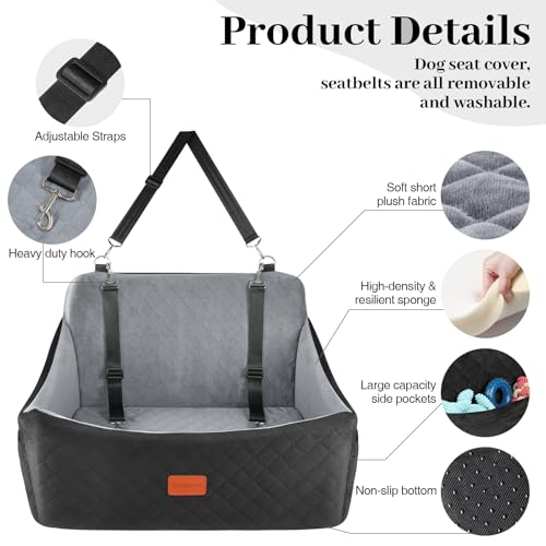 Wooaidagg Dog Car Seat for Large Size Dog,Super Soft Car Dog Bed Filling in Memory Foam and 3 Adjustable Straps,Washable Car Seat for Dogs with Safety Belt Loops and Storage Pocket(Black/Grey,Large)
