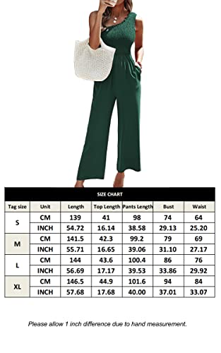 Angashion Women's Summer Wide Leg Jumpsuits One Shoulder Casual Sleeveless Elastic High Waist Solid Color Romper With Pockets Green L #TOP3