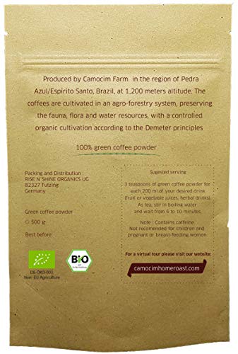 Organic Green Coffee Powder | Single-Origin Camocim Organic Farm, Brazil | 100% Arabica Green Coffee Beans Grounded | BIO Demeter Biodynamic Certified (500 gr)