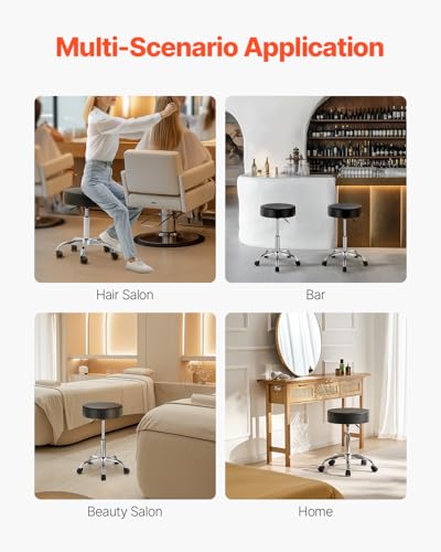 Image of VEVOR Rolling Stool with Wheels, 450 LBS Weight Capacity Round Rolling Stool Chair, Height Adjustable Thickened PU Leather Swivel Stool for Salon, Spa, Massage, Tattoo, Clinic, Black