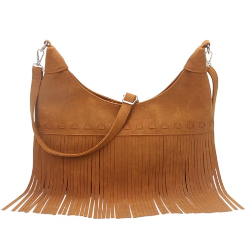 Image of Fringe Hobo Crossbody Bags for Women Cowgirl Western Crescent Purse Vegan Suede Hippie Shoulder Bag Bohemian Handbag