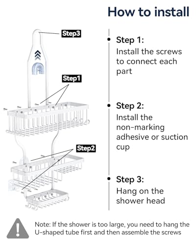 YASONIC Shower Caddy Hanging - Never Rust Shower Organizer - Aluminum over The shower head caddy with 10 Hooks for Razor/Sponge - Shower Rack with Soap Basket - White