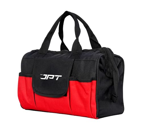 Image of JPT 13-Inch Heavy Duty Tool Bag, Wide Mouth Tool Storage Bag with Interior Pockets, Large Capacity Tool Tote Bag for Electricians, Power Tools Organizer Red /Black