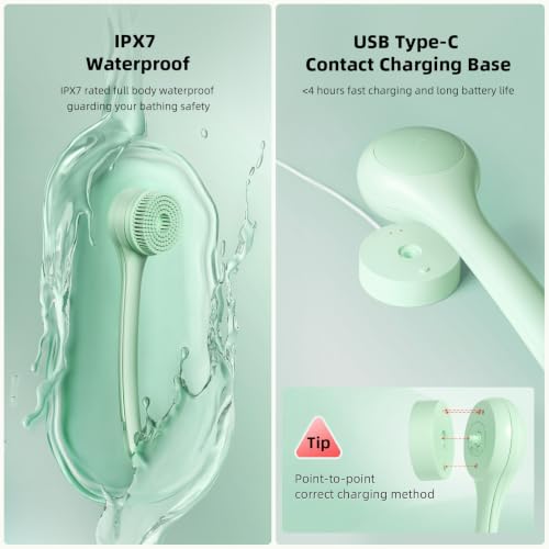 Image of Electric Body Brush, Back Scrubber for Shower with Long Dual Handle, Waterproof Power Shower Brush with 3 Interchangeable Heads & 2 Speeds for Cleansing, Exfoliating and Massage, Classic Green