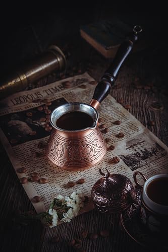 DEMMEX Thick Copper Turkish Greek Arabic Coffee Pot 450 ml, Traditional Hand Engraved Cezve Ibrik Briki with Wooden Handle & Spoon, Handmade in Turkey (Matte)