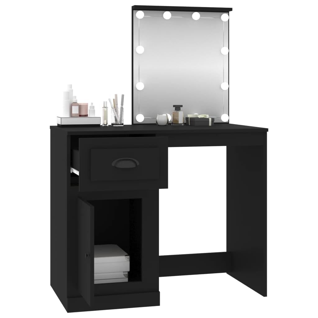 Toaletka czarna z oświetleniem LED, 90 x 50 x 132,5 cm, nowoczesne wzornictwo, duże lustro, dużo miejsca do przechowywania makijażu, materiał drewnopochodny, podświetlana toaletka do sypialni