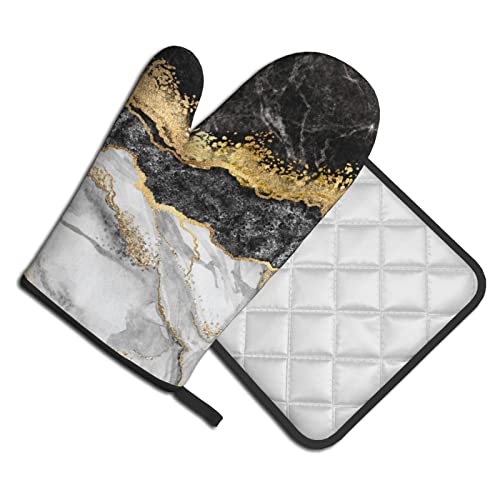 Black White Gold Foil Marble Print Oven Mitts And Pot Holders Sets Of 2 Kitchen Decor Resistant Hot Pads With Polyester Non-Slip Bbq Gloves #TOP1