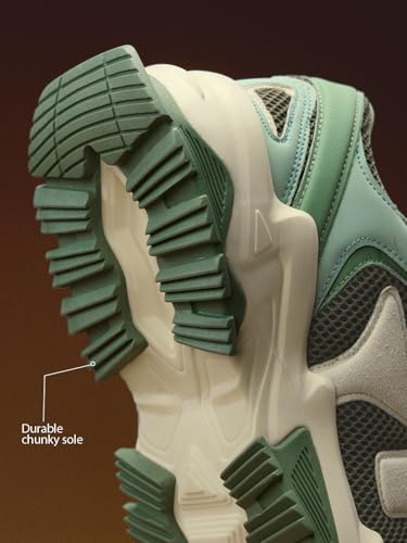 Image of The Souled Store Fumes NX: Sage Men and Boys Low Top Sneakers Green and Off White Streetwear Chunky Trainer Breathable Mesh Cushioned Midsole Durable Sole Lace Up Lightweight Padded Collar