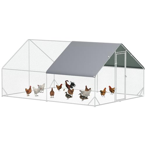 PawHut Gallinero para Exterior Grande 3x4x2 m Jaula para 8-12 Gallinas Gallinero para Gallinas de Acero Galvanizado con Cubierta de PE y Cerradura Plata