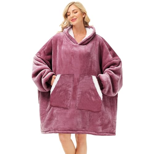 Kipswiza Oversized Sherpa Wearable Blanket Hoodie – Adult, Dark Pink