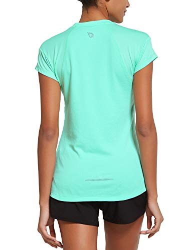 BALEAF Women's V Neck Short Sleeved Active Yoga T-Shirts Quick Dry Workout Performance Tee Aqua Mint L