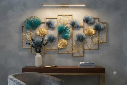 Image of SMILES GIFT Luxury Imported Wall Hanging | Large 3D Gold & Teal Metal Wall Hanging | Ginko Leaf Sculpture for Home Decor for Living Room & Office