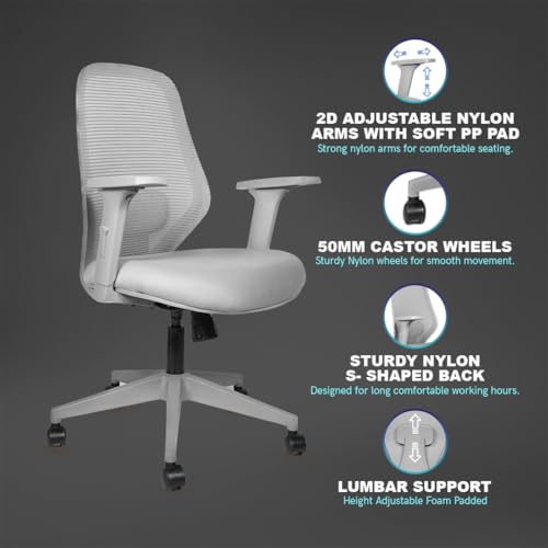 Image of Kepler Brooks Verve Office Chair for Work | 3-Year Warranty | Ergonomic Office Chair, Study Chair for Home, 2D Arms, Adjustable Lumbar, Single Lock Recliner, Heavy Duty Nylon Base (Grey)