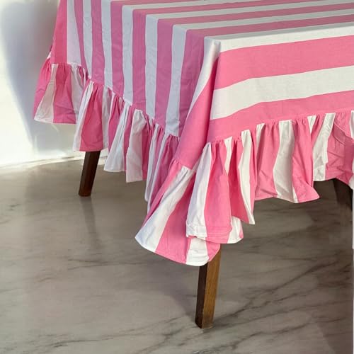Mantel rectangular de algodón indio con volantes, diseño de rayas rosas y blancas, para el día de San Valentín (60 x 108 pulgadas)