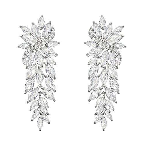 Pendientes de Mujer-Clearine Colgantes Largos de Circonita Cúbica para Novia Estilo Marquesa,Color Claro Plata-Tono