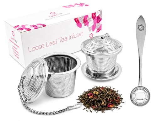 2 Pack Ultra Fine Loose Leaf Tea Ball Infuser Strainer Steeper, Including Tea Scoop, Drip Trays, Long Chain Handle for Easy Brewing All Fine Teas, Spices and Seasonings.