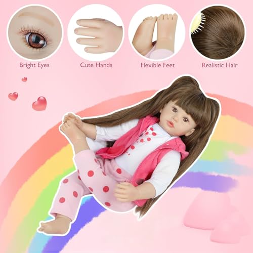 Kdudgso Reborn Baby Dolls 24 Inch Realistic Toddler Silicone Baby Doll Girl with Long Hair in Gift Box, Weighted Lifelike Babe Muñecas Niñas, Feeding Toys, Birth Certificate Accessories for Age 3+