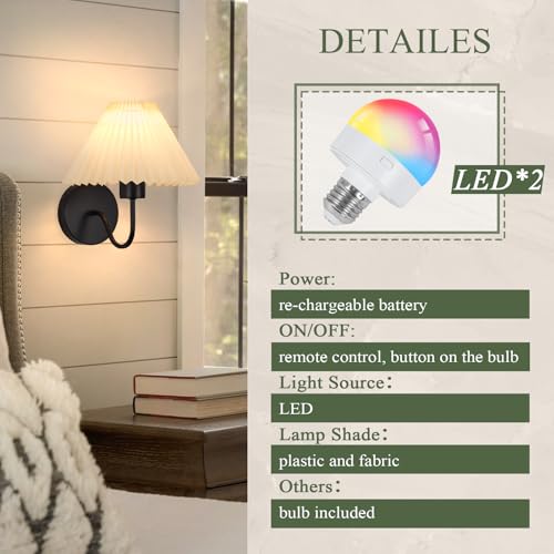 Image of ADISUN Wall Sconces Sets of 2 RGB Battery Operated Wall Sconces for Bedroom Dresser Classic Black Wall Lamp with Remote for Living Room Bathroom Dining Room Corridor Staircase (2 Bulbs Included)