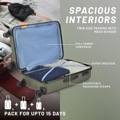 Aristocrat 3 Pc Airpro Set Cabin 55cm(Small) Check-in 66cm(Medium) Check-in 75cm(Large) 8 Wheels Spinner Trolley Bags, Hard Case Luggage, Lightweight Bag & Combination Lock|3 Years Warranty (Green)