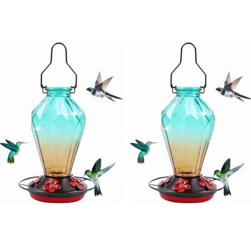 Image of 2 Pack Glass Hummingbird Feeder for Outdoors Hanging, 25Oz Humming Bird Nectar Feeder, Perch, 5 Flower Feeding Ports, Leak Proof Base, Hook for Outside Garden Backyard, Diamond Green