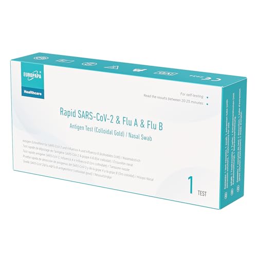 EUROPAPA 1x Corona Laientest Schnelltest und Grippe Test auf Covid-19 und Influenza A/B, Antigentest Selbsttest SARS-CoV-2 Flu A Flu B 3in1 Combo Rapid Test Cassette, für Zuhause, Einzelverpackt