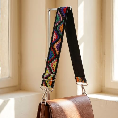 Image of Wide Purse straps Crochet Flower replacement crossbody for Handbag Adjustable Embroidery Knit Guitar Shoulder strap