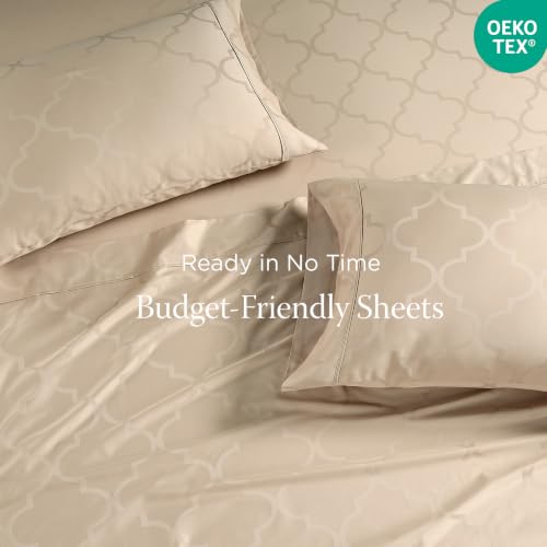 Image of Threadmill 300 Thread Count Cotton Full Sheet Set, Sateen, Damask, Beige | 100% Cotton, Sateen Weave, Damask Pattern, 4-Piece Set, 16 inch Deep Pocket, Cooling, Fade-Resistant, OEKO-TEX Certified