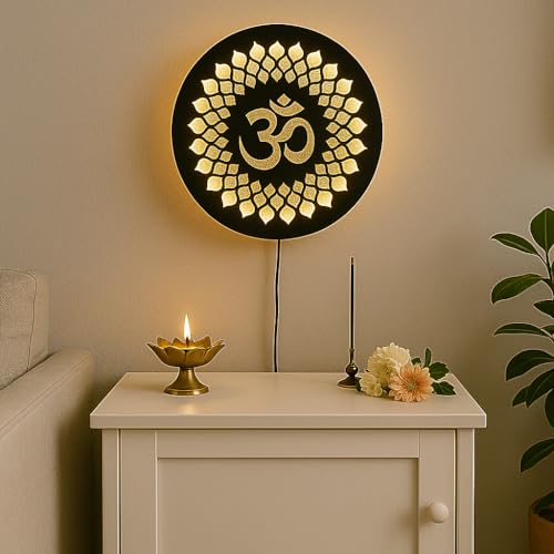 Image of Om LED Backlit Mandir Decor | Moon Wall Lights for Home Decoration | Wall Lamps for Bedroom & Living Room | No Adapter Required
