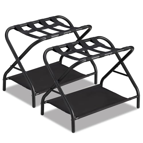 Ancohom Luggage Rack Set of 2, Foldable Suitcase Stand with Fabric Storage Shelf Easy Assemble Metal Luggage Holder with Straps for Guest Room Bedroom Hotel, Black