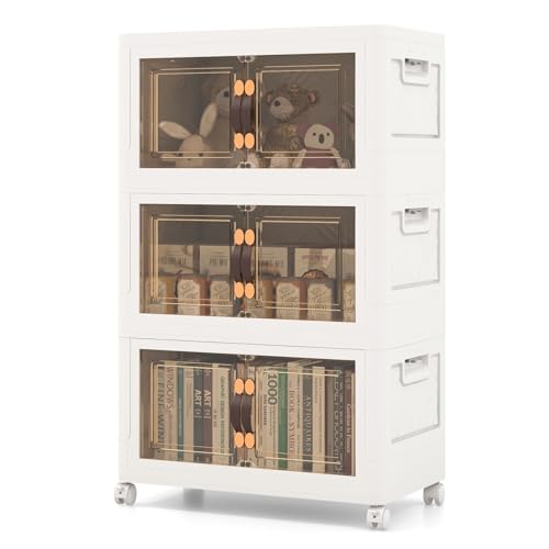 COSTWAY Faltbare Aufbewahrungsbox mit Deckel, 75 L Boxen Aufbewahrung, 3er Set Kunststoffbox stapelbar, Aufbewahrungsbehälter mit Rollen & Türen, Stapelboxen Kunststoff, 44,5x30x77,5cm, Weiß