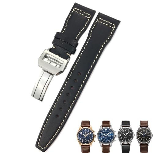 SAAWEE Correa de reloj de cuero 20mm 21mm 22mm adecuada para IWC Big Pilot Spitfir Mark 18 Portfino correa de reloj negra de piel de becerro(Black wht square,20mm)