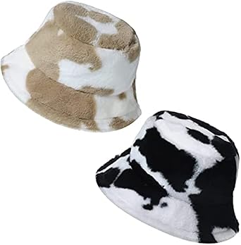 Winter Plush Bucket Hat with Cow Print 