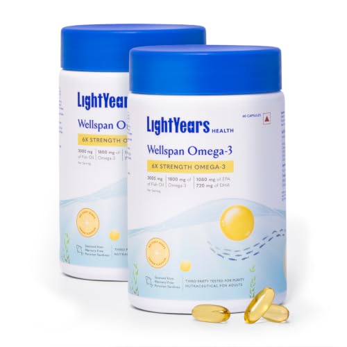 Image of LightYears Wellspan Omega 3 Fish Oil Capsules | 6X Strength | 3000 mg Fish Oil & 1800 mg EPA DHA for Men & Women | Mercury-Free | Lemon Flavoured for No Fishy Burps | 3rd Party Tested | 120 Capsules