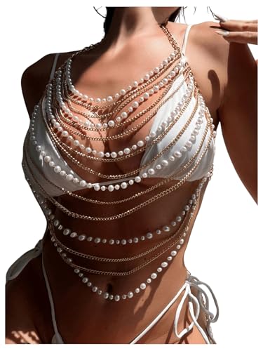 GORGLITTER Women's Summer Pearl Chain Backless Halter Swimsuit Cover Up for Beach