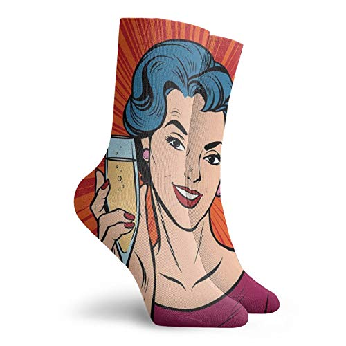 Fashion Compression Socks,Pop Art Party Girl Toasting Champagne At Party Image On Starburst Retro Background,Performance Polyester Cushioned Athletic Crew Socks for Running,Athletic, -12 inch2
