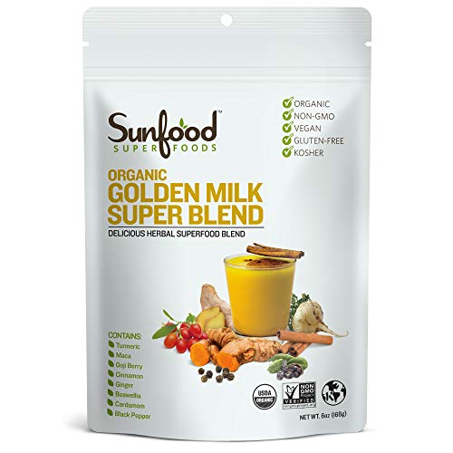 Sunfood Superfoods Golden Milk Super Blend - All Natural, Organic Ingredients | Ultra-Clean (No Chemicals, Artificial Flavor, Additives or Fillers) | Non-GMO, Gluten-Free, Vegan, Kosher | 6 oz Bag