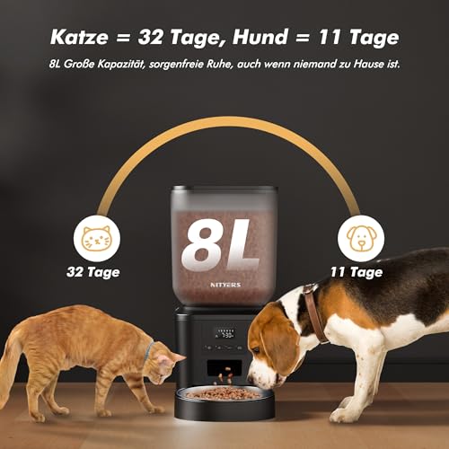 Futterautomat Katze 8L - Verstopfungsfrei Futterautomat Hund, Katzenfutter Automat mit Timer, 1–6 Mahlzeiten/Tag, 1–50 Portionen, Edelstahl-Schüssel, 10s Sprachaufnahme, Frischhalte-System