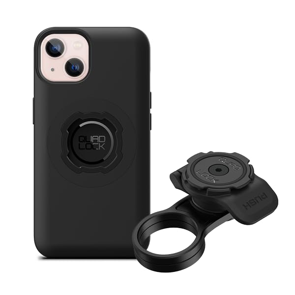 Quad Lock Stem Cap Bike Mount Kit with MAG Phone Case for iPhone 13 installed on a bicycle.