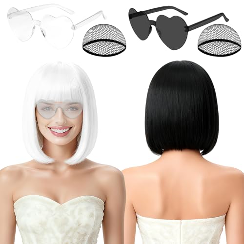 Image of 2 Pack Colored Bob Wigs and Heart Sunglasses Set, White Black Short Straight Bob Wig with Bangs Neon Party Colorful Synthetic Hair for Women Men Halloween Costume Bachelorette Party Favors