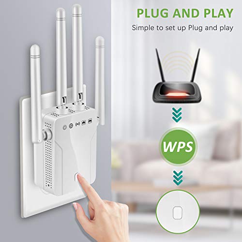 WiFi Range Extender-1200Mbps WiFi Repeater Wireless Signal Booster, 2.4 & 5GHz Dual Band WPS Wireless Signal 4 Antennas 360° Full Coverage (4 Antennas, White)